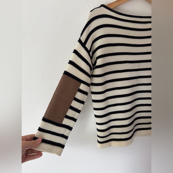 Brochu Walker Ivory & Black Stripe Knit Pima Cotton Sweater With Elbow Patches - Picture 6 of 8